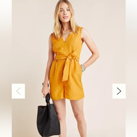 Anthropologie Maeve Luana Romper Size 2 Yellow Orange Tie Belt Boho Linen Blend - Picture 1 of 13
